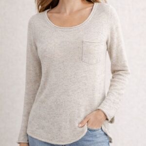 Qi Featherweight 100% Cashmere Scoop Neck Sweater Pocket Heathered Cream